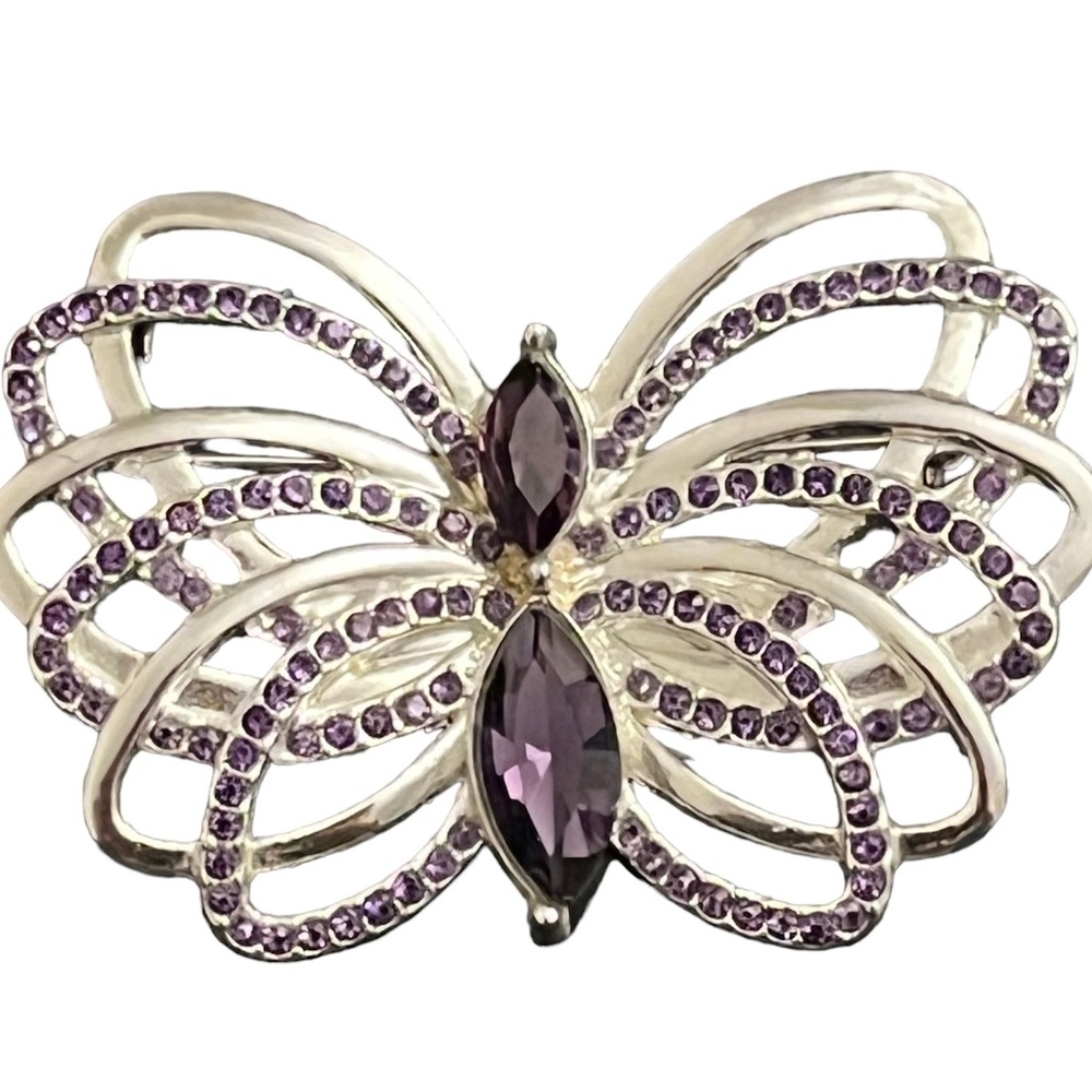 Dana Buchman Silver Tone Butterfly Brooch Purple Rhinestone Wings Insect